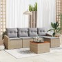 Beiges 6-tlg. vidaXL Garten-Sofa-Set aus Poly Rattan mit Kissen und Tisch.