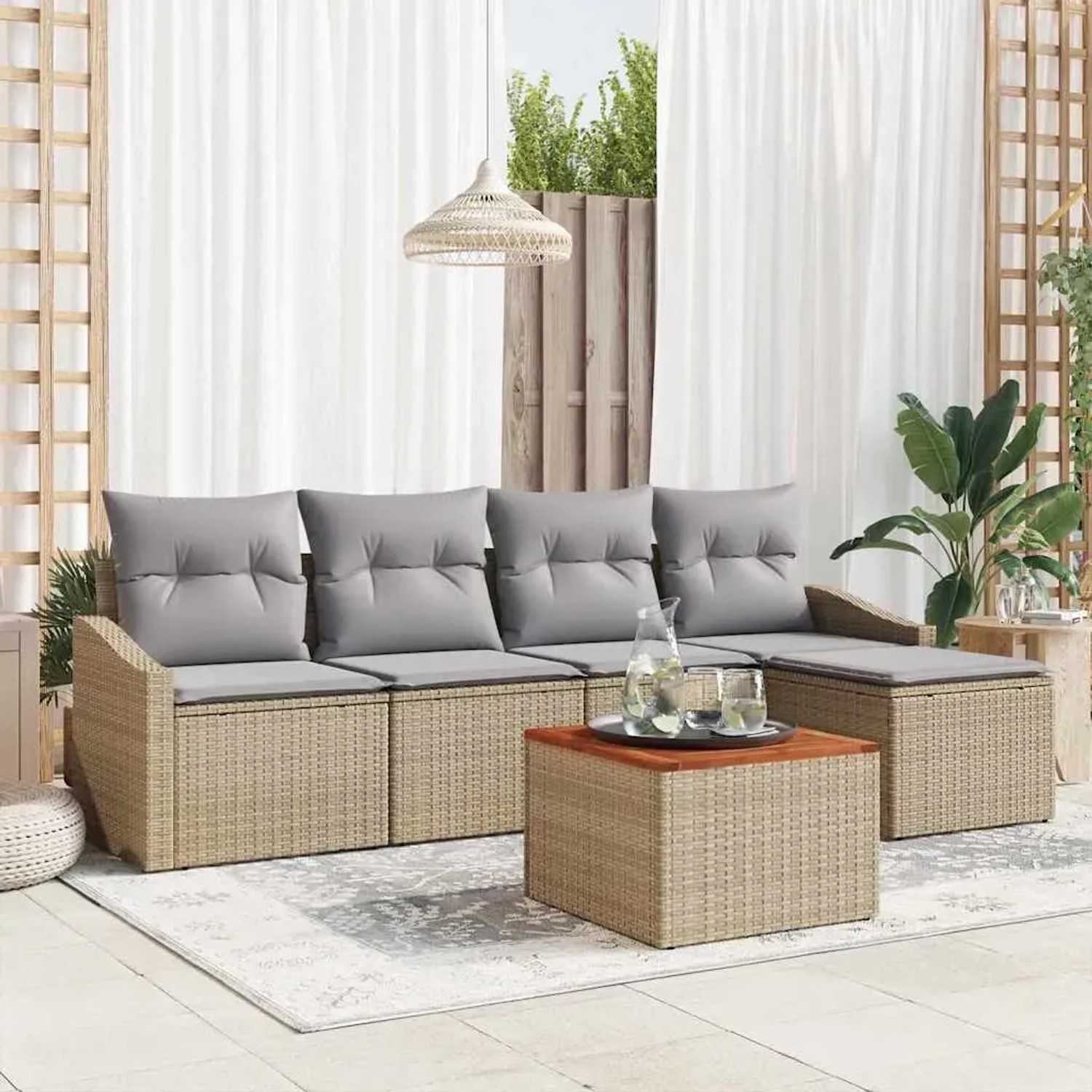 Beiges 6-tlg. vidaXL Garten-Sofa-Set aus Poly Rattan mit Kissen und Tisch.