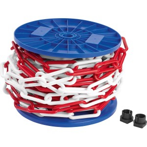 Rot-weiße Kunststoffkette (8 mm) als Meterware auf blauer Spule, ideal zum Absperren.