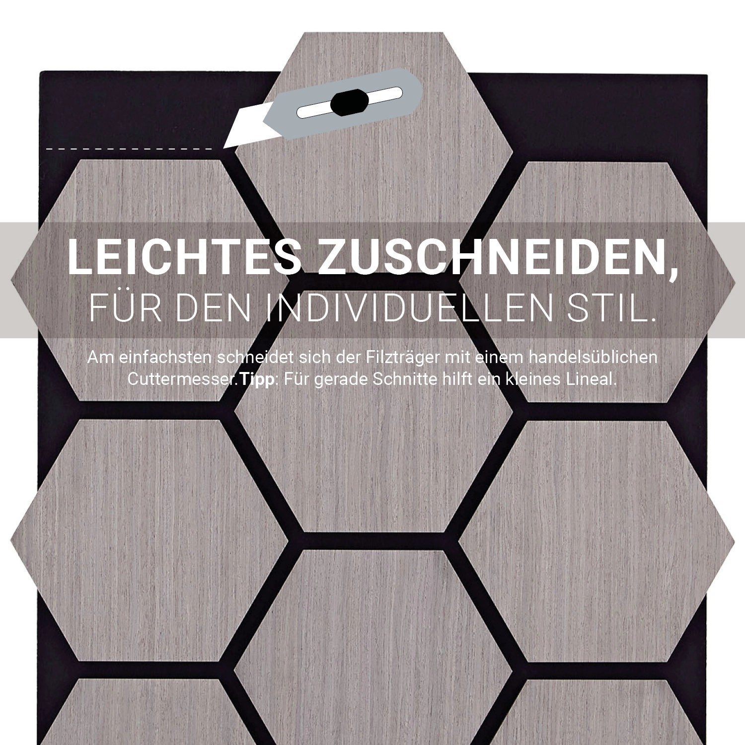 Graue Homestyle4u Akustikpaneele in Hexagonform, zuschneidbar mit Cutter.