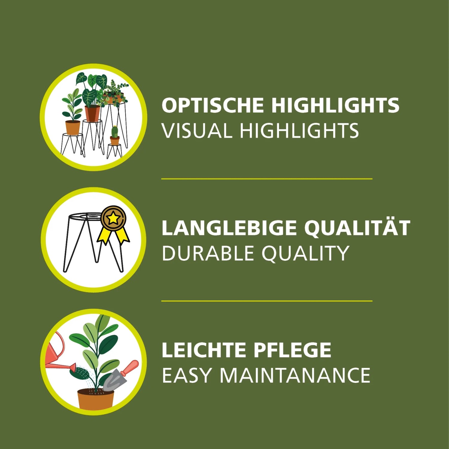 Grafik mit Icons zu Highlights des Wagner Pflanzenständers Hairpin Style: Optik, Qualität, Pflege.