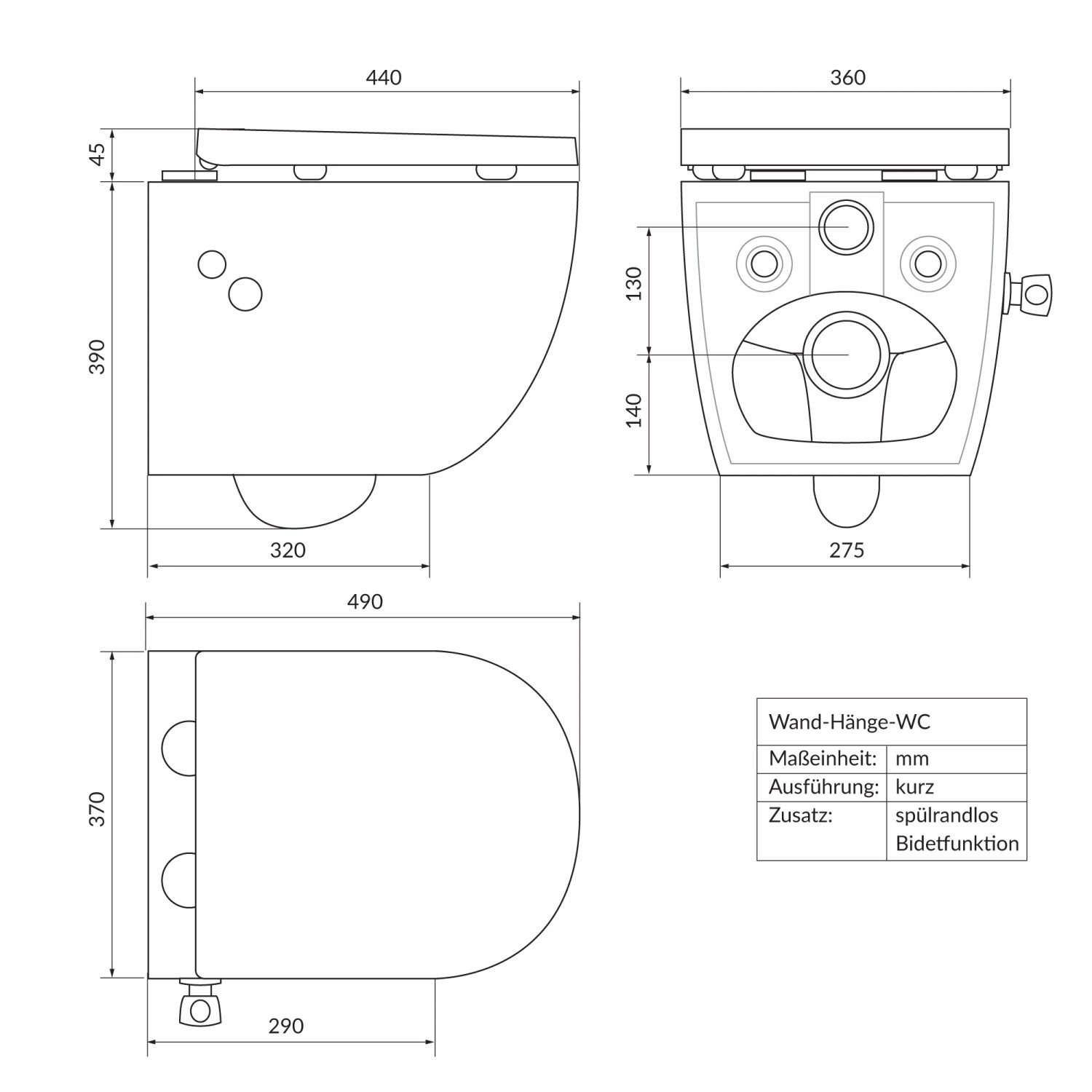 Technische Zeichnung: LuxeBath Hänge WC mit Bidet, spülrandlos, kurze Ausführung, Maße in mm.