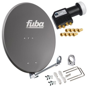 Anthrazitfarbene 80cm Fuba Sat Anlage aus Aluminium mit Quad LNB für 4 Teilnehmer und Montagezubehör.