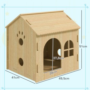 PawHut Hundehütte/Katzenhaus aus Eiche mit Pfoten-Design und Maßen.