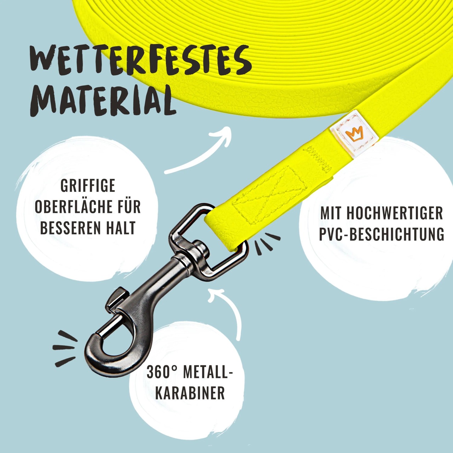 Gelbe Rudelkönig Schleppleine (10 m) mit Karabiner und PVC-Beschichtung.