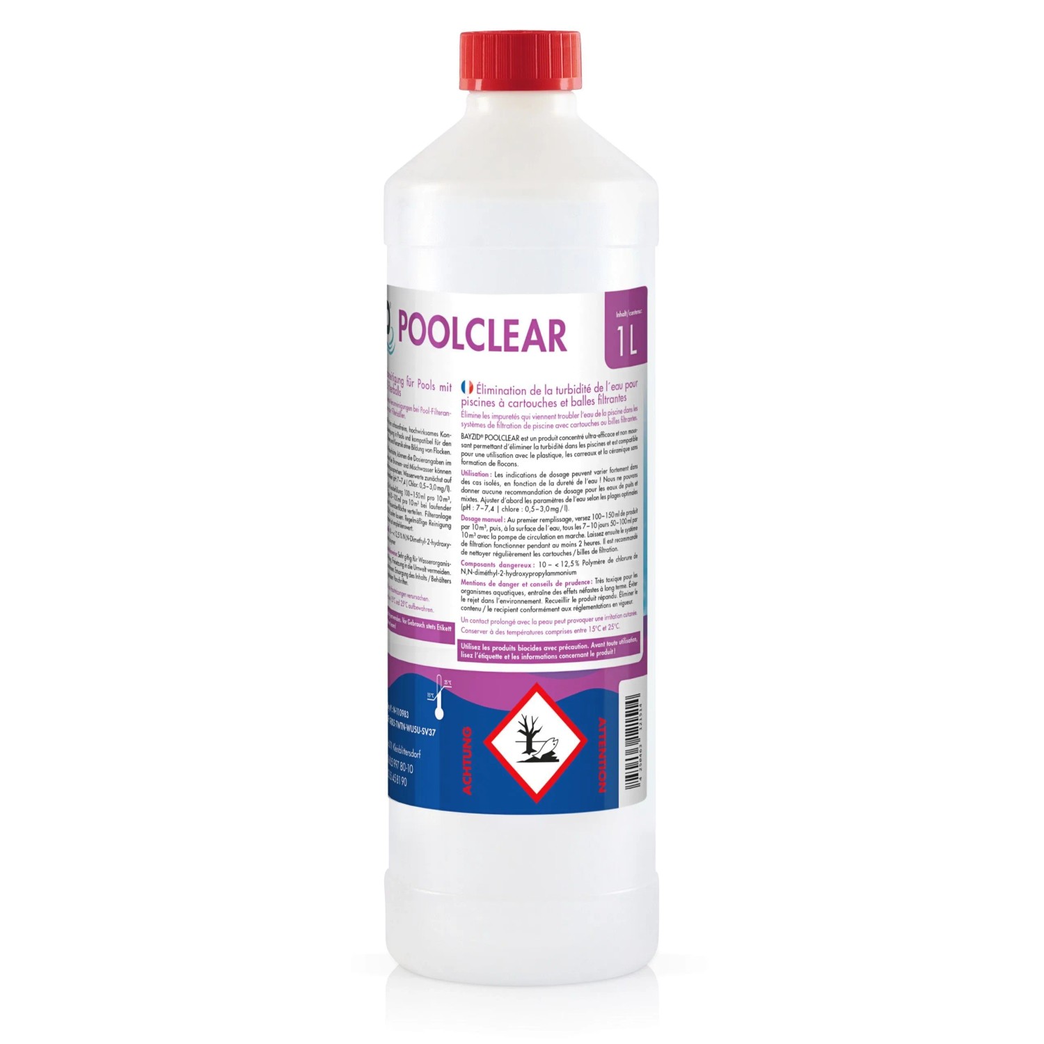 Flasche Bayzid Poolclear Trübungsbeseitigung für Kartuschen & Filterballs, 1 Liter.