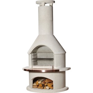 Buschbeck Grillkamin Rondo Weiß mit Holzablage und Kupferblende.
