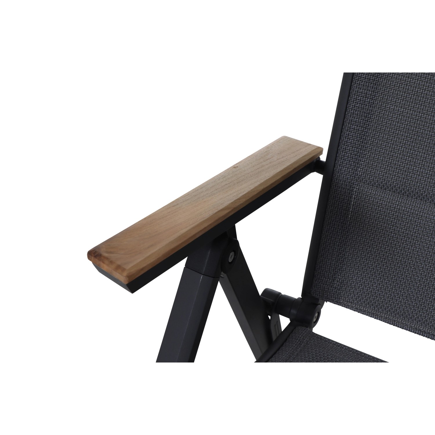Detailansicht: Siena Garden Klappsessel Tesor mit Teak-Armlehne und anthrazitfarbenem Gestell.
