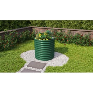 Rundes, grünes Vitavia Vita Hochbeet aus Metall (Seegras) mit Schneckenschutz im Garten.