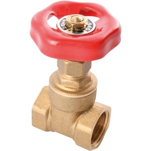 Sanitop-Wingenroth Muffenschieber 20 mm (3/4) aus Messing mit rotem Griff für Heizungsinstallationen.