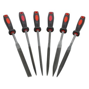 Blanko Nadelfeilen-Set, 6-teilig, verschiedene Formen mit rot-schwarzen Griffen.
