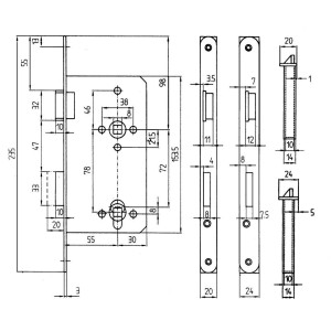 Technische Zeichnung: Korridorschloss, gefälzt, DIN rechts, silber lackiert, mit Maßen.