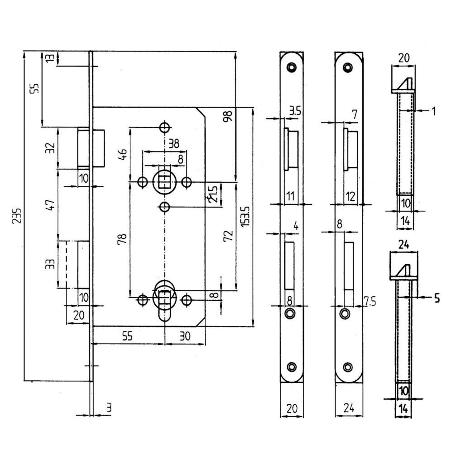 Technische Zeichnung: Korridorschloss, gefälzt, DIN rechts, silber lackiert, mit Maßen.