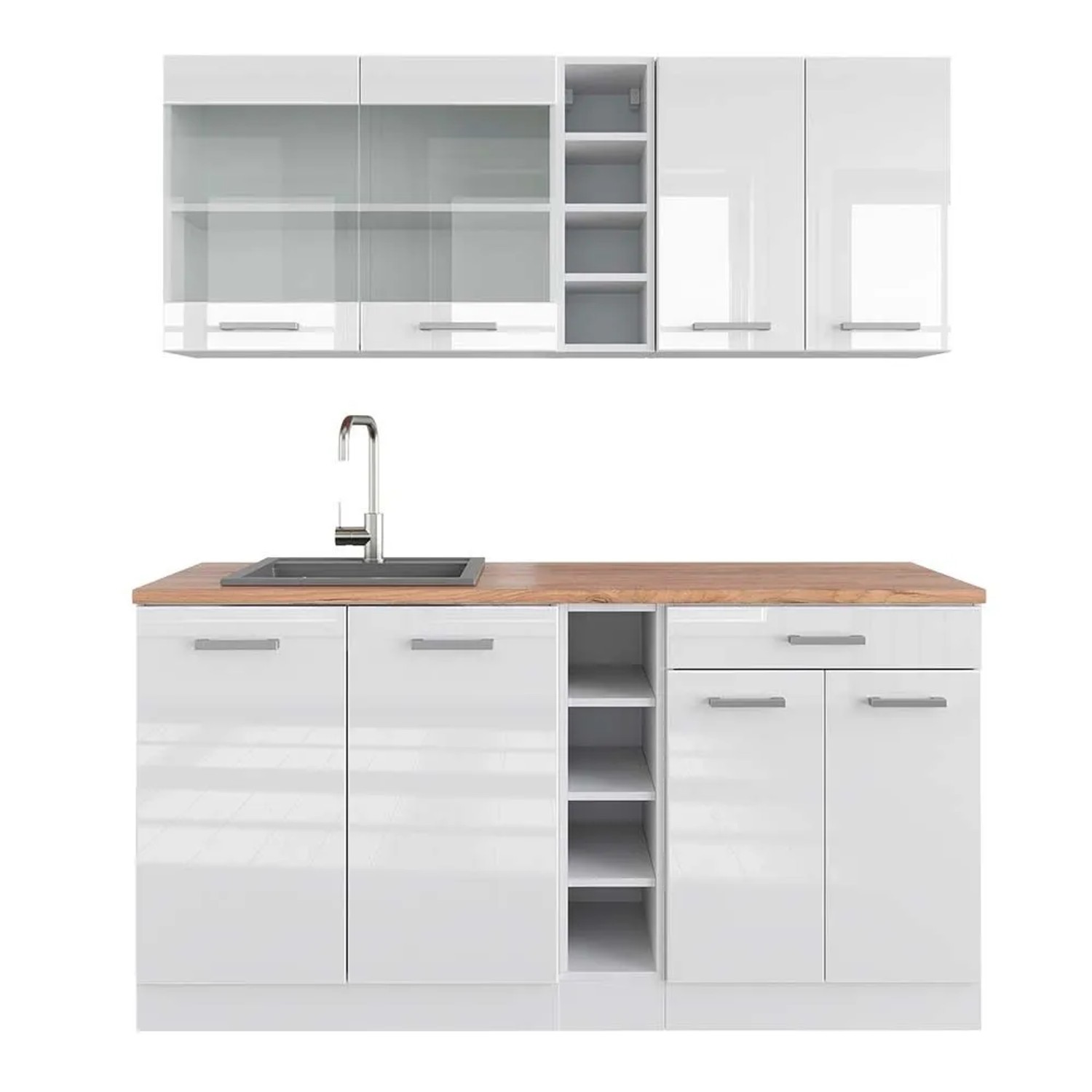 Vicco R-Line Singleküche Weiß Hochglanz Weiß 160 cm AP Eiche ohne E-Geräte