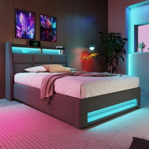 Graues okwish Polsterbett mit LED-Beleuchtung, USB-Anschluss und Matratze, Größe 90x200 cm.