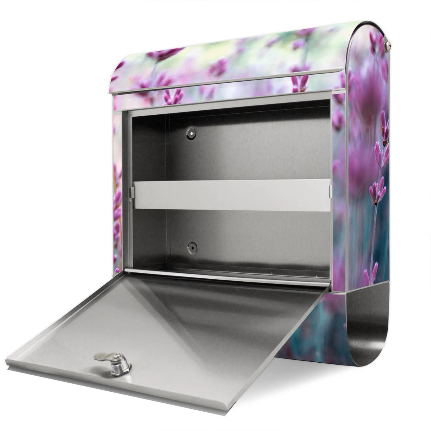 Offener Edelstahl Briefkasten mit Lavendel Motiv und Zeitungsfach.