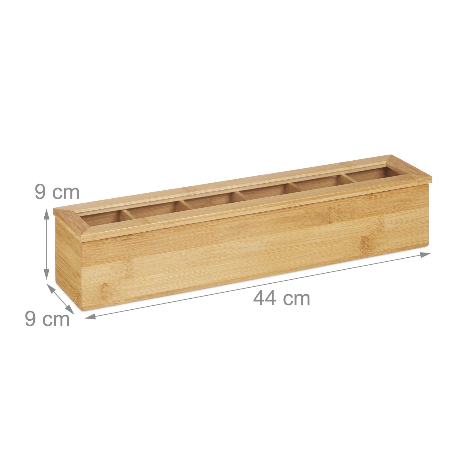 Längliche Relaxdays Teebox aus hellem Bambus mit 6 Fächern und transparentem Sichtfenster, 44x9x9 cm. Für Teebeutel Aufbewahrung.
