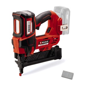 Einhell Akku-Tacker Fixetto 18/38 S Professional, rot/schwarz, mit Klammern und Gürtelclip.