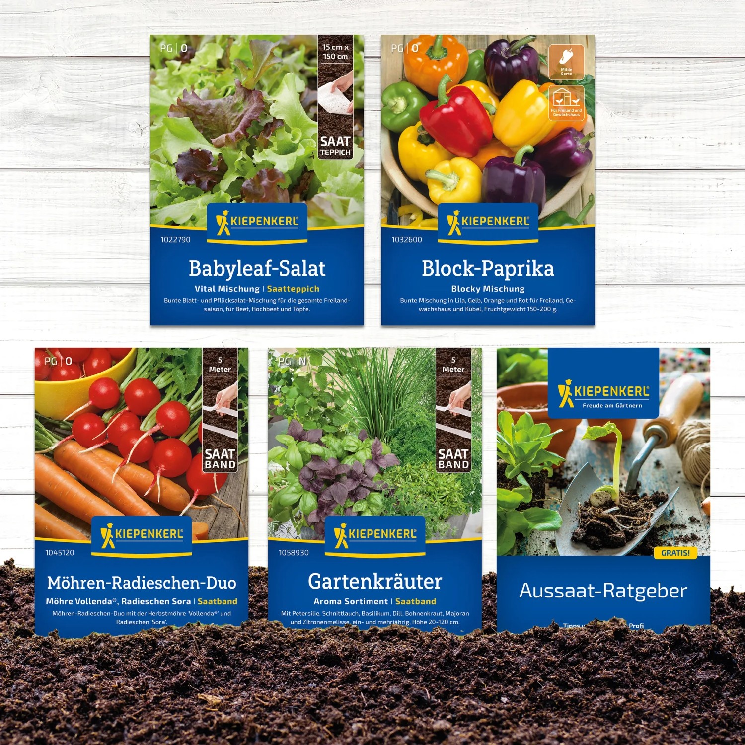 Gemüsesamen-Set 'Kunterbuntes Gärtnern' mit Salat, Paprika, Möhren, Radieschen und Kräutern.