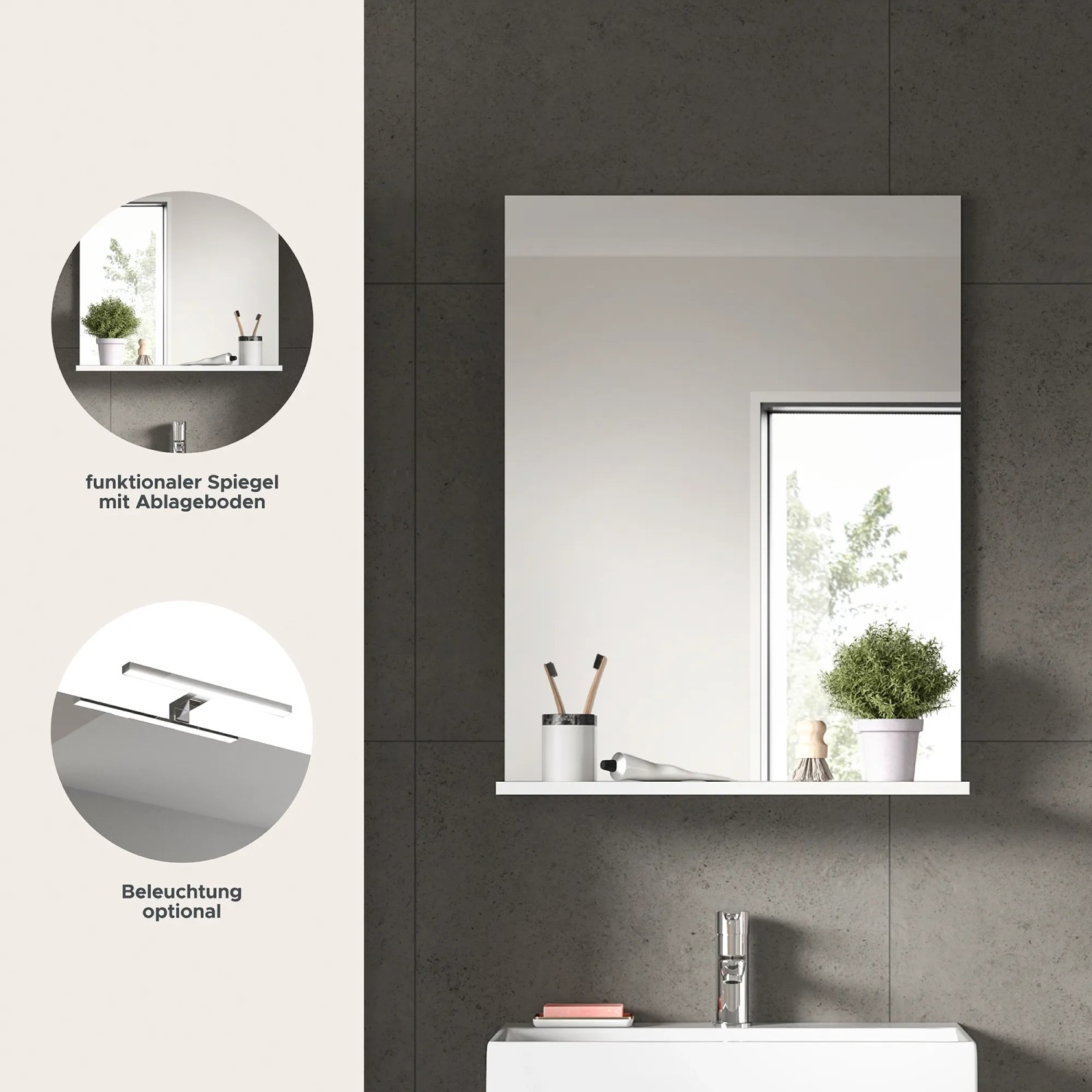 Weißer Badspiegel (60x79x18 cm) mit Ablage, optional mit Beleuchtung.