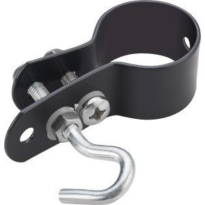 Anthrazitfarbene Geflechtspannstabschelle (Ø 34 mm) zur Zaunmontage mit Haken und Schrauben.