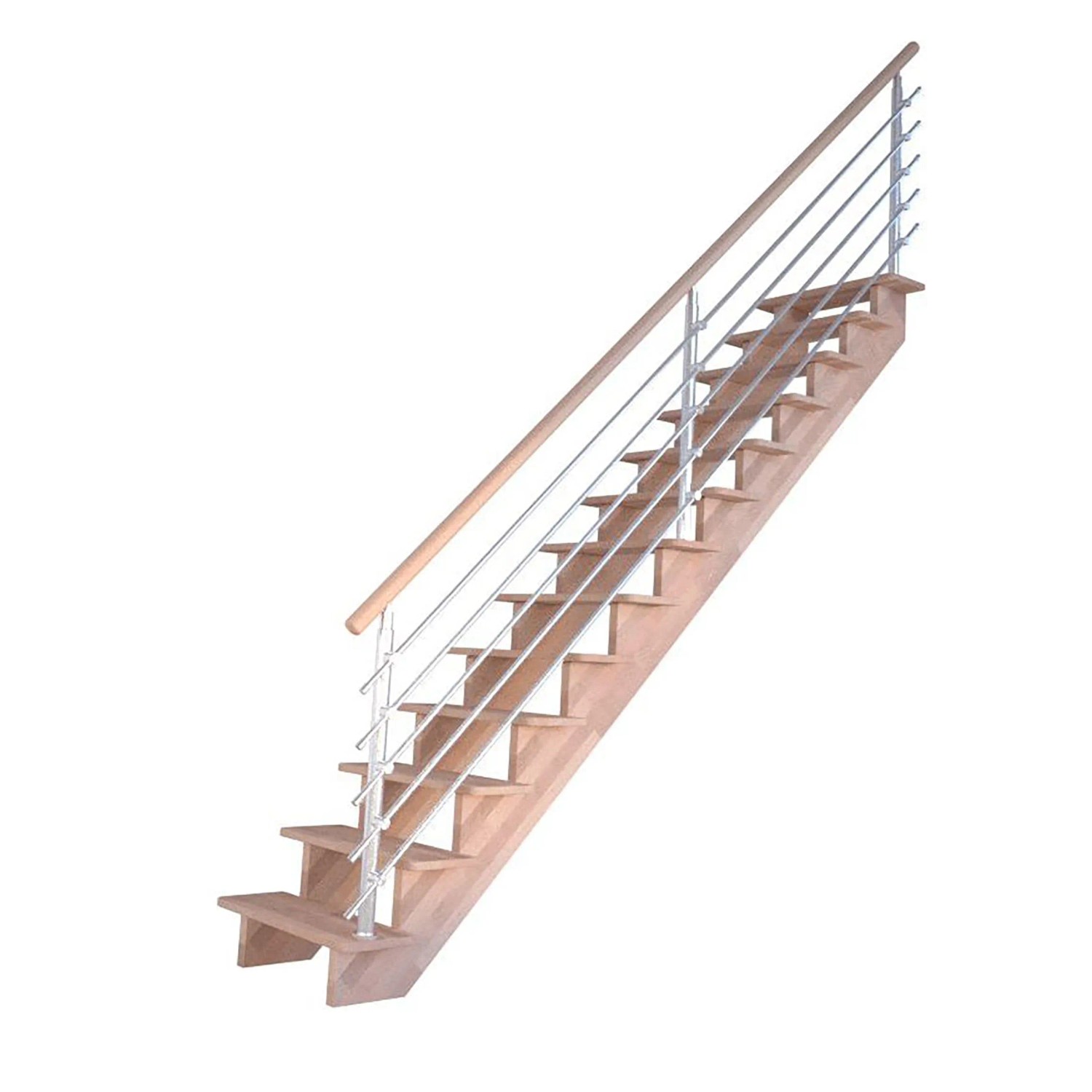 Gerade Buchetreppe Lindos mit Edelstahlgeländer, 80 cm breit, für den Innenbereich.