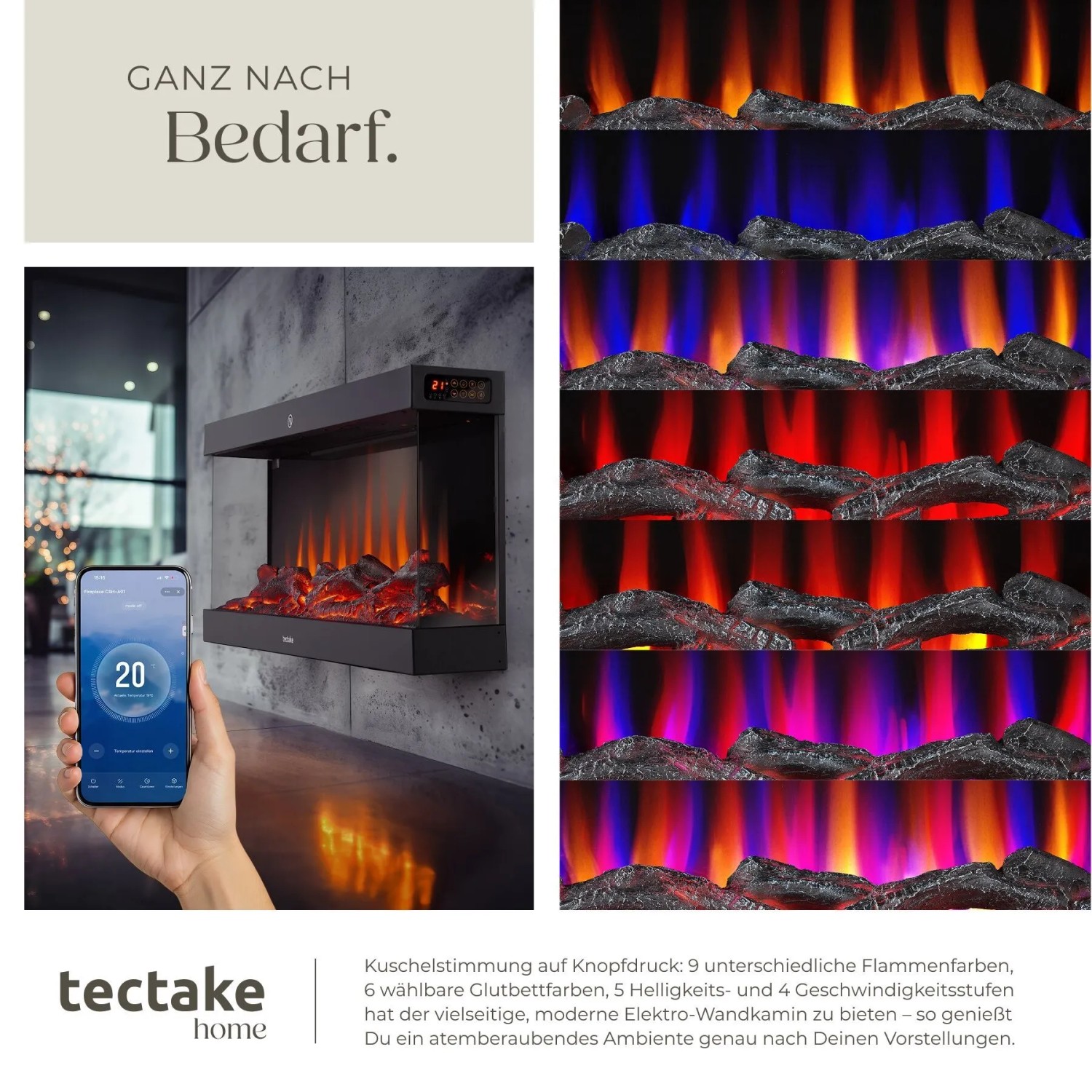 Tectake Elektro Wandkamin Luciano mit 3D Flammeneffekt, Holz- und Glutimitation, App-Steuerung und Farboptionen.