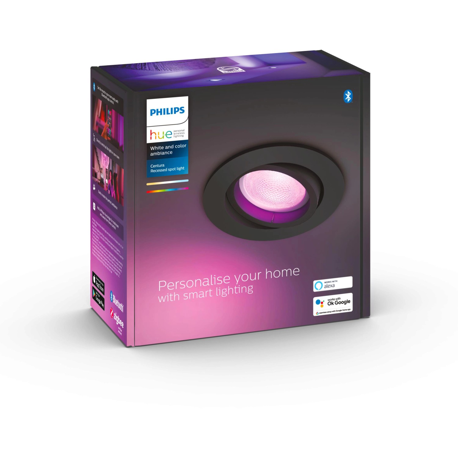 Verpackung des Philips Hue Centura Einbauspots, schwarz, mit Farblicht