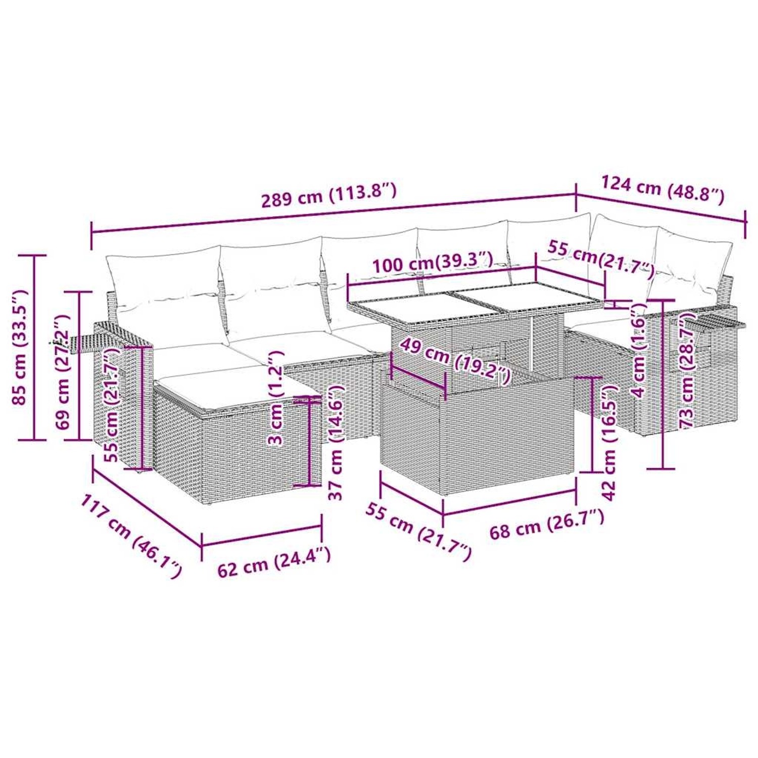 vidaXL Garten-Sofagarnitur, 8-teilig, braunes Poly Rattan, Akazienholz, mit Maßangaben.
