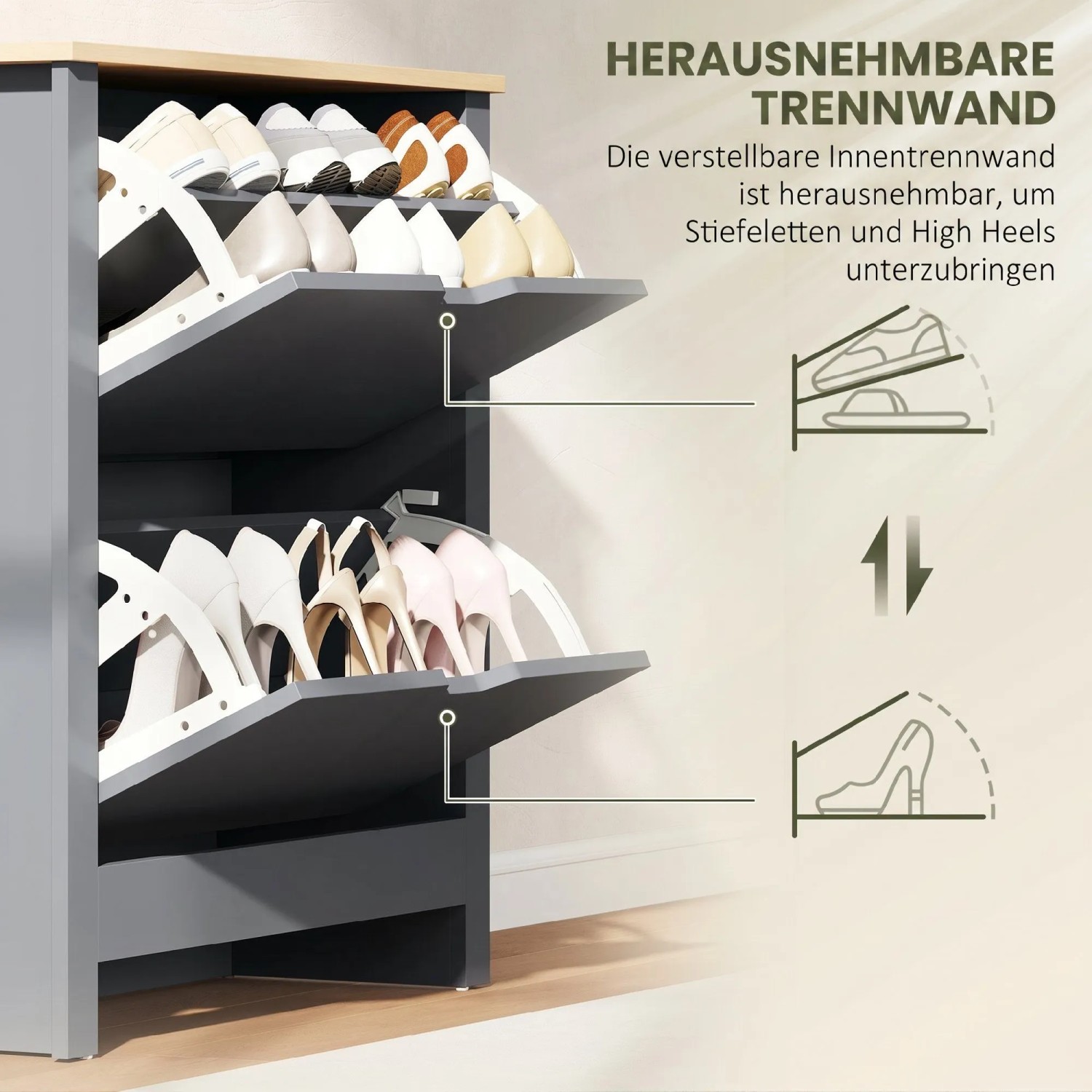 Dunkelgraue HOMCOM Schuhkommode mit zwei Klappfächern. Herausnehmbare Trennwand für Stiefel und High Heels. Platz für 8-12 Paar.