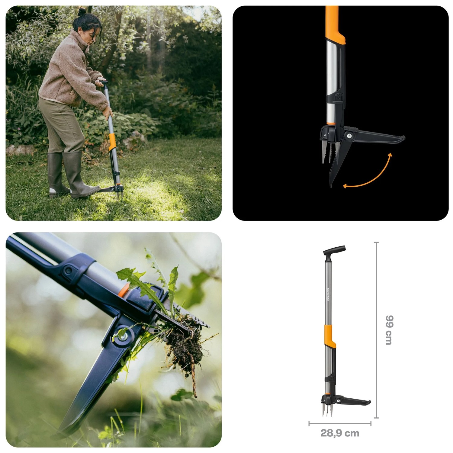 Fiskars Unkrautstecher Ergonomic: Unkrautentferner mit langem Griff und vier Krallen.