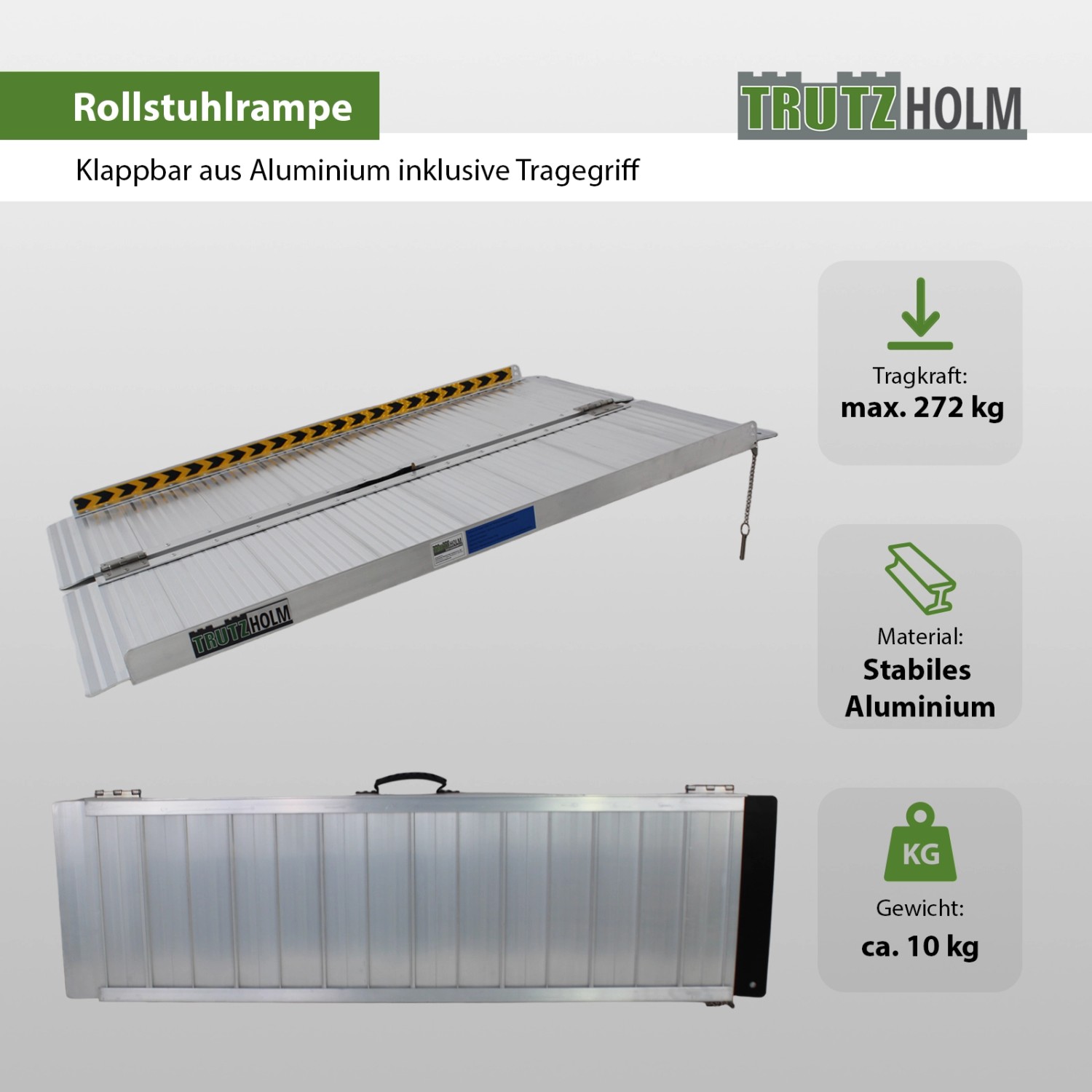 TRUTZHOLM Rollstuhlrampe, klappbar, 122 cm, Alu geriffelt, Traglast 272 kg.