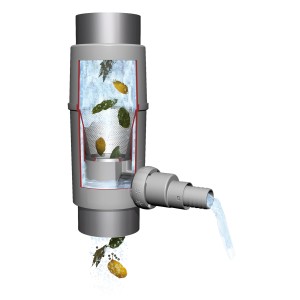 Garantia Fallrohrfilter Regendieb Pro Grau mit Wasserfluss und Schmutzpartikeln.