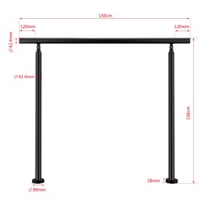 Technisches Diagramm: Schwarzes Edelstahlgeländer 150 cm mit Maßen 106 cm Höhe, Ø 42.4 mm. Für Treppen & Geländer.