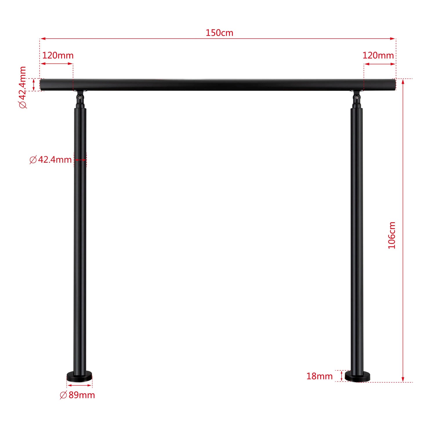 Technisches Diagramm: Schwarzes Edelstahlgeländer 150 cm mit Maßen 106 cm Höhe, Ø 42.4 mm. Für Treppen & Geländer.