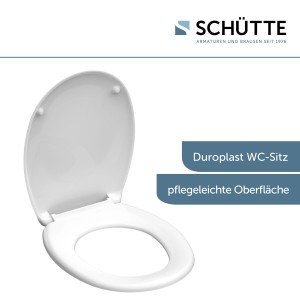 Weißer Schütte WC-Sitz aus Duroplast, offen, für einfache Reinigung und hohe Stabilität.