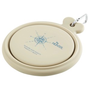 Beiger Hunter Silikon-Reisenapf 2-in-1, zusammenfaltbar mit Karabiner für Hunde.