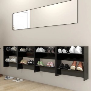 Vier schwarze vidaXL Wand-Schuhschränke aus Holzwerkstoff, montiert an einer Wand mit Schuhen.