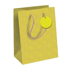Clairefontaine Geschenktasche M in Neon Gelb mit geometrischem Muster, Seilhenkeln und rundem Etikett.