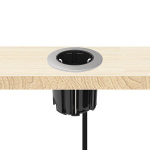 Kalb Einbausteckdose für Tische/Möbel, 54mm rund, mit silberfarbener Blende. Elektroinstallation für den Innenbereich.