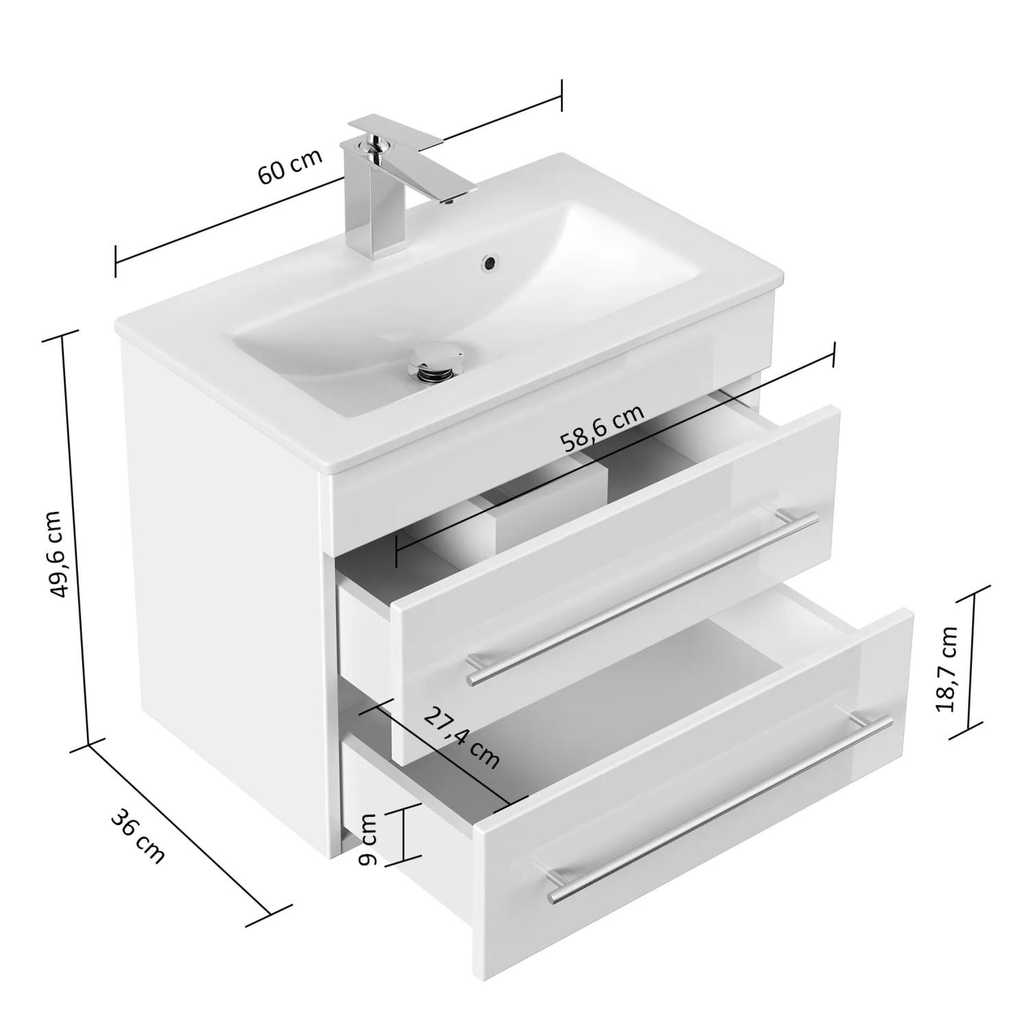 Posseik Badmöbel Portus 600 SlimLine Grafit, Unterschrank mit Waschbecken und zwei Schubladen.