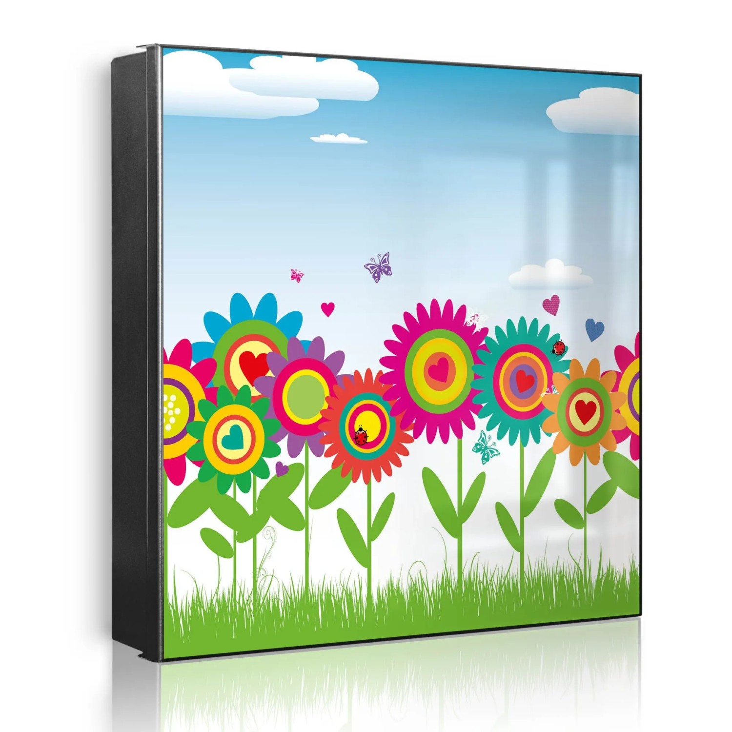 Banjado Großer Schlüsselkasten Metall 30x30cm Schwarz Scharnier Links 50 Haken Beschreibbar Magnetisch Motiv Bunte Blumen