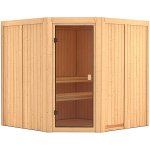 Karibu Sauna Kotka mit Eckeinstieg und bronzierter Glastür. Massivholzsauna mit Saunabänken.
