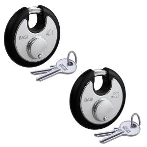 2er Set Basi Rundbügel-Vorhangschlösser, 70mm, schwarz, gleichschließend, Edelstahlgehäuse mit Witterungsschutz.