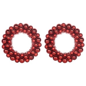 Zwei rote Weihnachtsballkränze aus glänzendem Polystyrol, 33 cm Durchmesser, für festliche Dekoration.