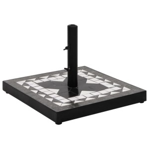 Quadratischer, schwarz-weißer Sonnenschirmständer (12 kg) von vidaXL mit Keramikfliesenmuster.