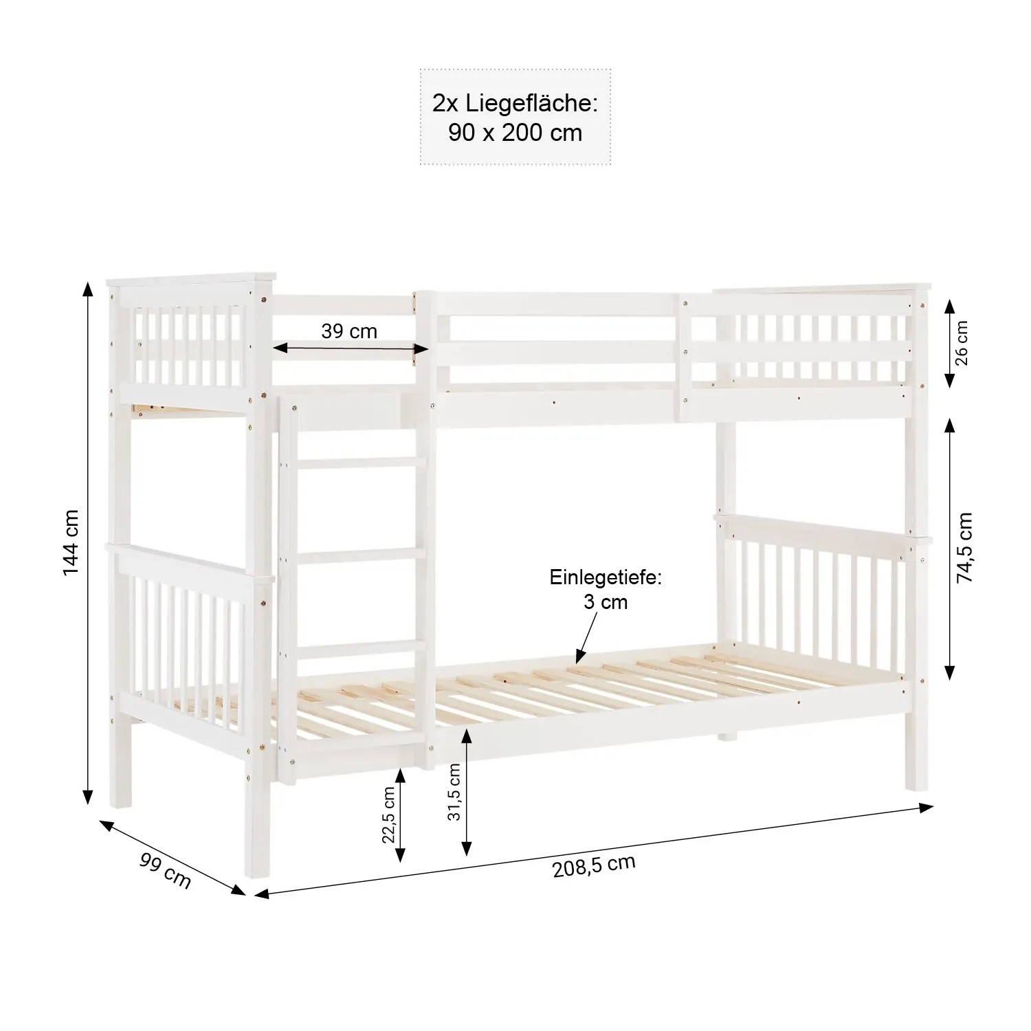 Weißes Homestyle4u Etagenbett aus Kiefernholz, 90x200 cm, mit Lattenrost. Ideal für Kinderzimmer.