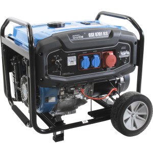 Güde Stromerzeuger GSE 8701 RS Benzin mit 2 Rädern, Tragegriff und Anschlüssen.