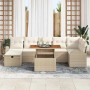 Beiges 8-teiliges vidaXL Garten-Sofa-Set aus Poly Rattan mit höhenverstellbarem Tisch.