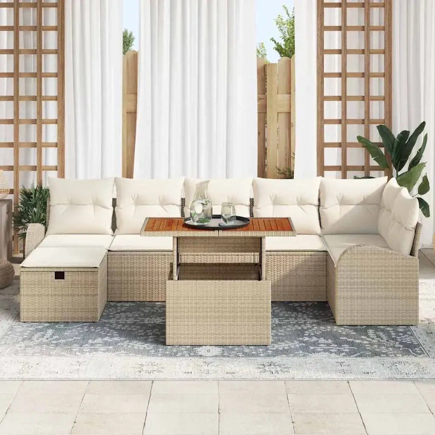 Beiges 8-teiliges vidaXL Garten-Sofa-Set aus Poly Rattan mit höhenverstellbarem Tisch.